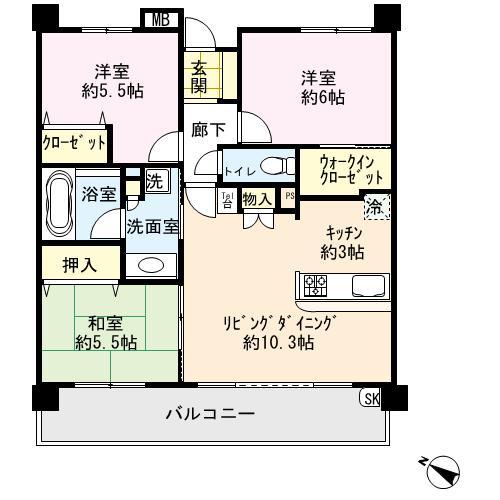 Floor plan. 3LDK, Price 27,800,000 yen, Occupied area 66.54 sq m , Balcony area 16 sq m