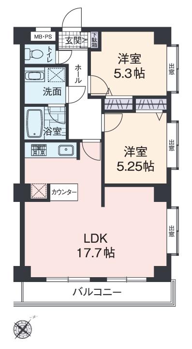 Floor plan. 2LDK, Price 21,800,000 yen, Footprint 61.2 sq m , Balcony area 6.14 sq m renovation Mansion