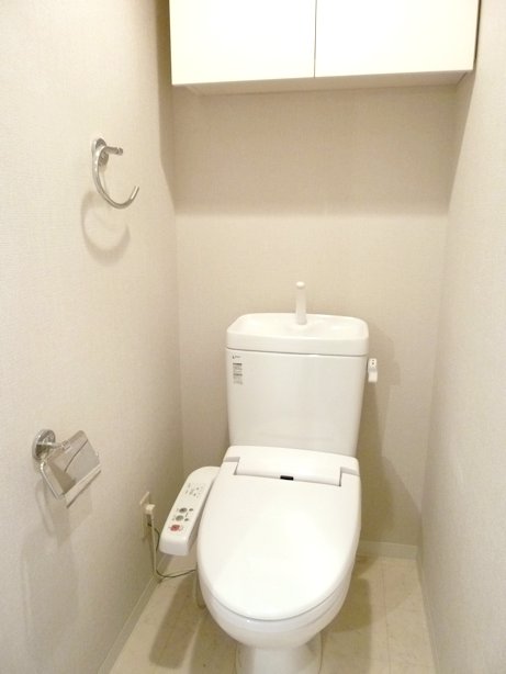 Toilet. It marked with convenient storage shelf shower toilet