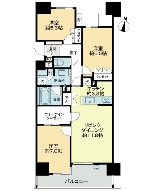 Floor plan. 3LDK, Price 42,800,000 yen, Occupied area 80.41 sq m , Balcony area 10.48 sq m