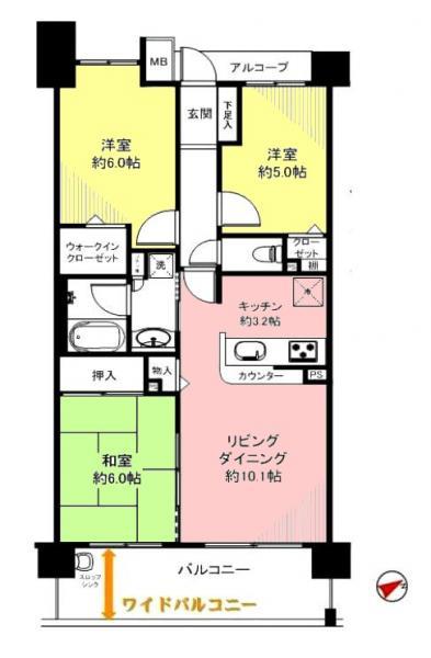 Floor plan. 3LDK, Price 25,800,000 yen, Occupied area 66.49 sq m , Balcony area 10.9 sq m