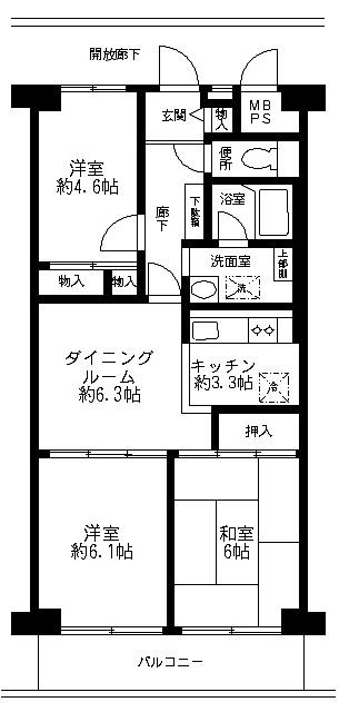 Floor plan. 3DK, Price 7.4 million yen, Footprint 60.5 sq m , Balcony area 6.6 sq m