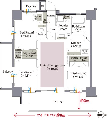 A type ・ 3LDK Occupied area / 65.35 sq m  Balcony area / 21.26 sq m