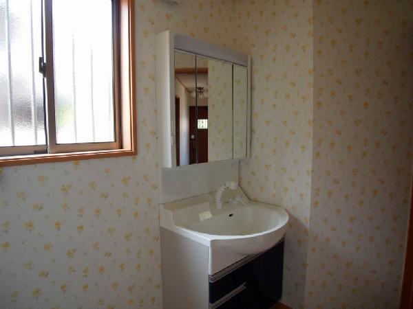 Wash basin, toilet. Washroom with a clean. Wallpaper is also pretty