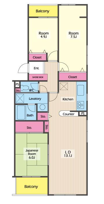 Floor plan. 3LDK, Price 19,800,000 yen, Occupied area 74.92 sq m , Balcony area 6.43 sq m