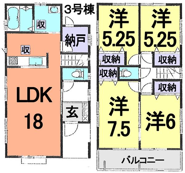 Floor plan. (3 Building), Price 33,900,000 yen, 4LDK+S, Land area 100.14 sq m , Building area 100.19 sq m