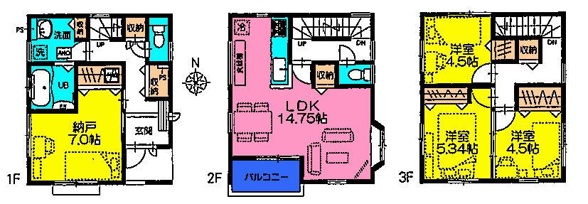 Floor plan. (Building 2), Price 32,800,000 yen, 4LDK, Land area 76.41 sq m , Building area 99.36 sq m