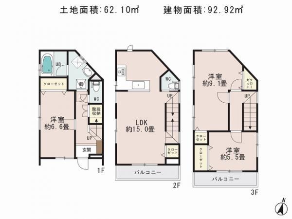 Floor plan. 29,800,000 yen, 3LDK, Land area 62.1 sq m , Building area 92.92 sq m