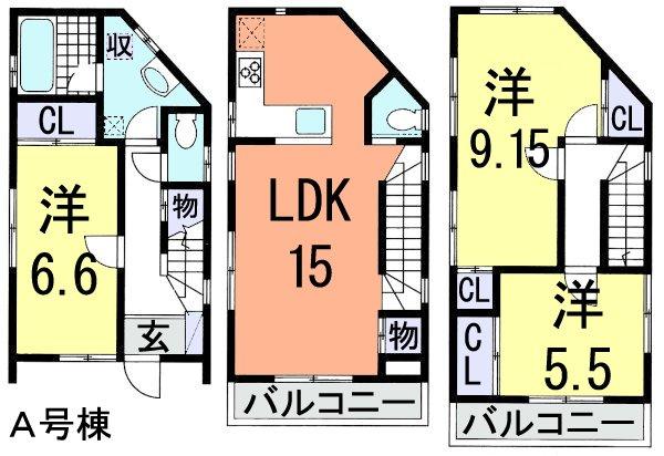 Floor plan. (A Building), Price 29,800,000 yen, 3LDK, Land area 62.1 sq m , Building area 92.92 sq m
