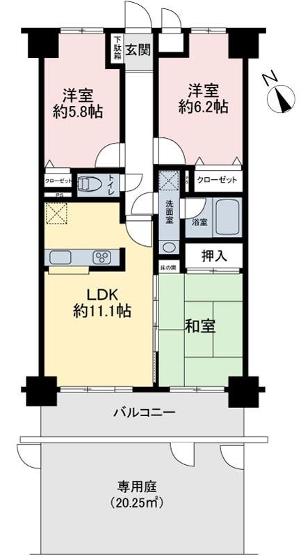 Floor plan. 3LDK, Price 16.8 million yen, Footprint 64.8 sq m , Balcony area 9 sq m