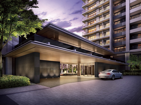 Features of the building.  [Coach Entrance] Spacious driveway space also corresponds to the power input of the taxi. Elegant design has increased the sense of quality which has been subjected to granite on the wall. Light warm light in the evening is the eaves and walls, Gently lit elegance. (Rendering)