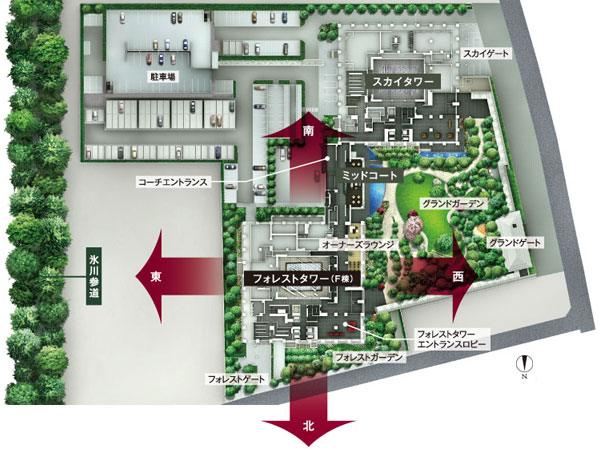 Features of the building.  [Be born between the two of Mori "Forest Tower"] Hikawa and approach "Grand Garden". Can enjoy an open living between two "Mori", "Forest Tower". There is a symbolic buildings and streets in each of north, south, east and west, Attractive views will spread in all directions. The rich vista scenic backdrop, You can enjoy the day-to-day of rest. (Site layout)
