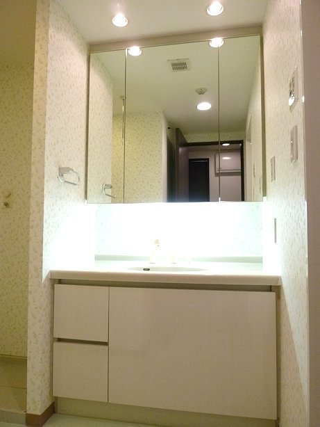 Washroom. Convenient three-sided mirror with a shower dresser