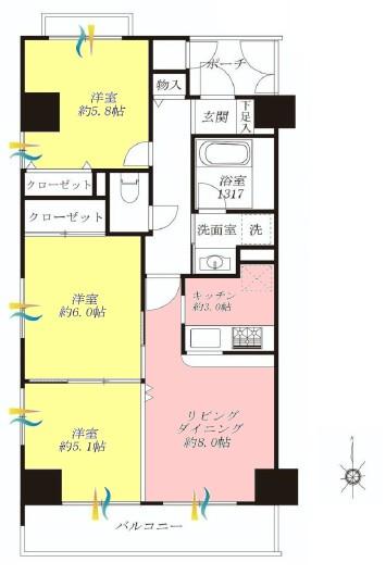 Floor plan. 3LDK, Price 26,300,000 yen, Occupied area 63.22 sq m , Balcony area 6.9 sq m