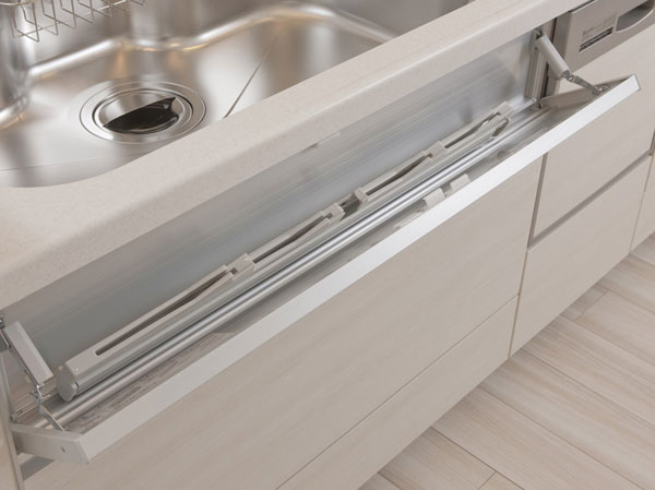 Kitchen.  [Kitchen knife flap storage] Secure a space that can accommodate the kitchen knife before sink. In lock function with peace of mind, Holder portion is taken out can also wash, It is easy to clean.