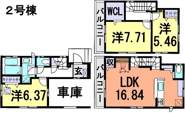 Floor plan. (Building 2), Price 29,070,000 yen, 3LDK+S, Land area 62.91 sq m , Building area 102.08 sq m
