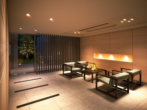 Shared facilities.  [Lounge space Rendering] Pour from Trey ceiling and counter, It is wrapped in a soft light and warm "lounge space". Nestled leisurely relax as sofa set, In a comfortable space that smart air conditioning, You can use it as a space of meeting and your chat with residents and guests. Tsuboniwa with a view of the hallway over brings to further peace.