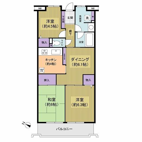 Floor plan. 3DK, Price 18.5 million yen, Occupied area 62.34 sq m , Balcony area 7.69 sq m 7 floor ・ Per southwestward, Per yang ・ Good view