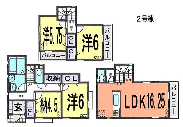 Floor plan. (Building 2), Price 34,800,000 yen, 3LDK+S, Land area 95.56 sq m , Building area 98.53 sq m