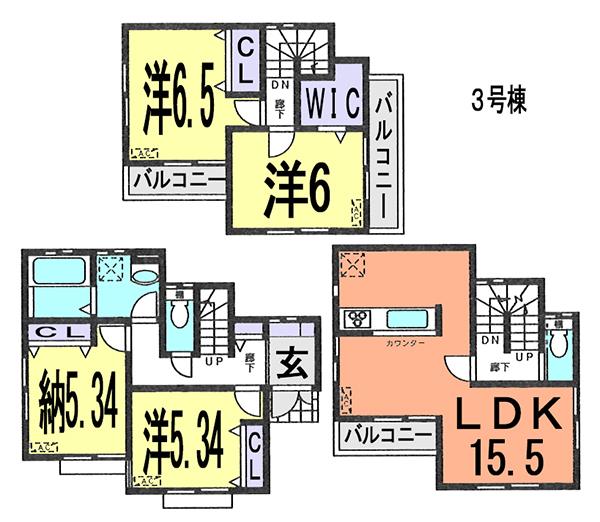 Floor plan. (3 Building), Price 35,800,000 yen, 3LDK+S, Land area 101.62 sq m , Building area 98.53 sq m