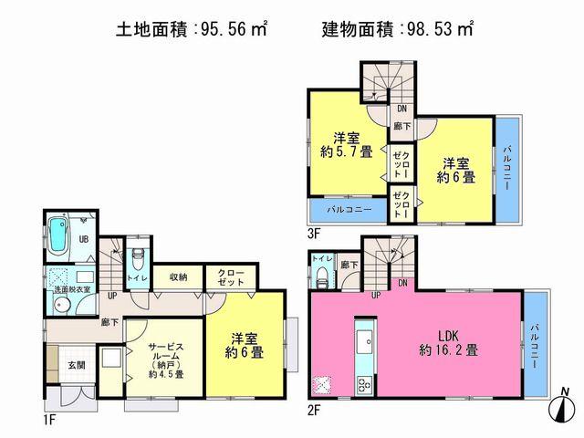 Floor plan. (Building 2), Price 34,800,000 yen, 3LDK+S, Land area 95.56 sq m , Building area 98.53 sq m