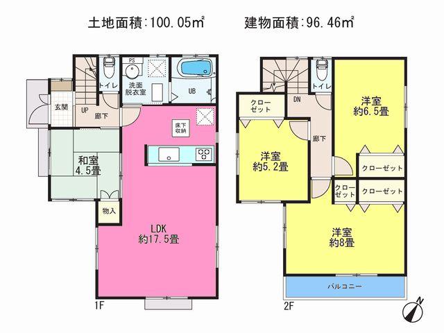 Floor plan. (1 Building), Price 38,800,000 yen, 3LDK+S, Land area 100.05 sq m , Building area 96.46 sq m