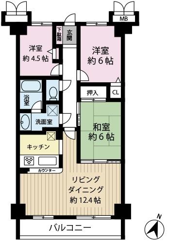 Floor plan. 3LDK, Price 16.8 million yen, Occupied area 69.44 sq m , Easy-to-use floor plan of the balcony area 9.3 sq m 3LDK