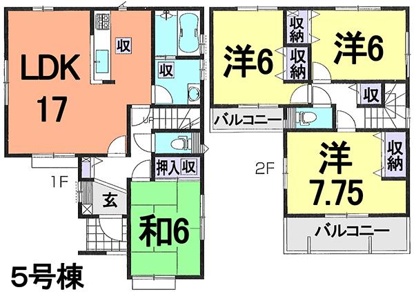 Floor plan. (5 Building), Price 29,800,000 yen, 4LDK, Land area 102.79 sq m , Building area 101.44 sq m