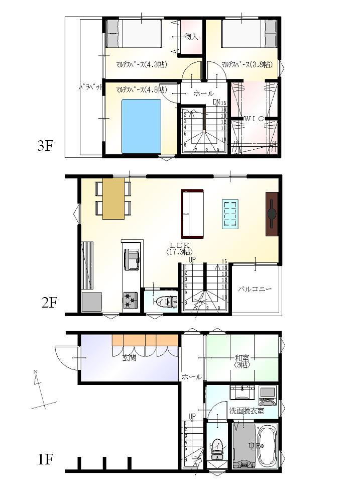 Building plan example (floor plan). Porras group Poratekku Co. building plan example  Building price / 1793 yen + tax, Building area / 101.41 sq m (garage part included), Construction area / 104.73 sq m