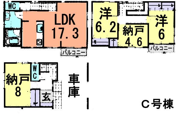 Floor plan. (C Building), Price 34,800,000 yen, 4LDK, Land area 67.75 sq m , Building area 115.41 sq m