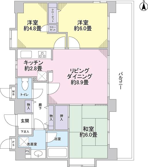 Floor plan. 3LDK, Price 32,800,000 yen, Occupied area 64.05 sq m , Balcony area 16.89 sq m