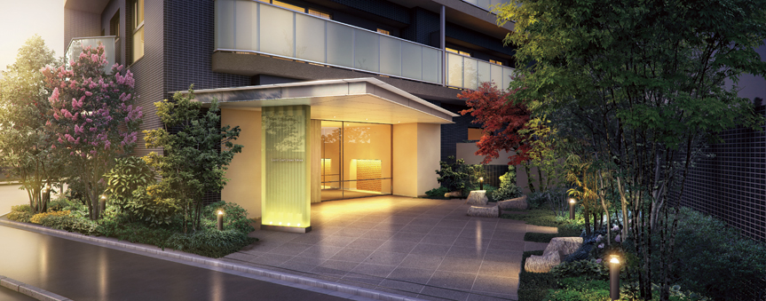 Building structure. Entrance Exterior - Rendering designed the "aesthetics of the sum" concept ※ 1. It arranged a variety of trees and quartzite in random, Warm lighting Ya, Directing the emotion rich appearance along with a mansion nameplate such as Andon (Andon)