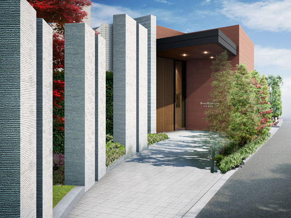 Shared facilities.  [Entrance approach Rendering] Toward the entrance hall from the approach, Produce a sense of unity in the earth color of brick-tone tile. It is tasteful texture reminiscent of a brick. Also, The wall of the entrance inside the exposed concrete using a cedar plate formwork. A look will produce a space that is fine and unique texture.