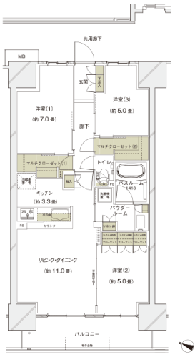 B type floor plan: 3LDK + 2 multi-closet (occupied area / 72.45 sq m  Balcony area / 9.44 sq m )