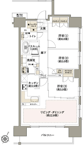 H type ・ 3LDK+SIC Occupied area / 76.04 sq m  Balcony area / 10.44 sq m