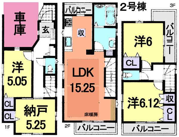 Floor plan. (Building 2), Price 34,800,000 yen, 3LDK+S, Land area 67.19 sq m , Building area 103.89 sq m