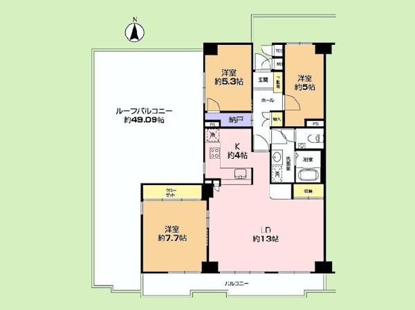 Floor plan. 3LDK, Price 25,800,000 yen, Occupied area 82.62 sq m , Balcony area 49.09 sq m