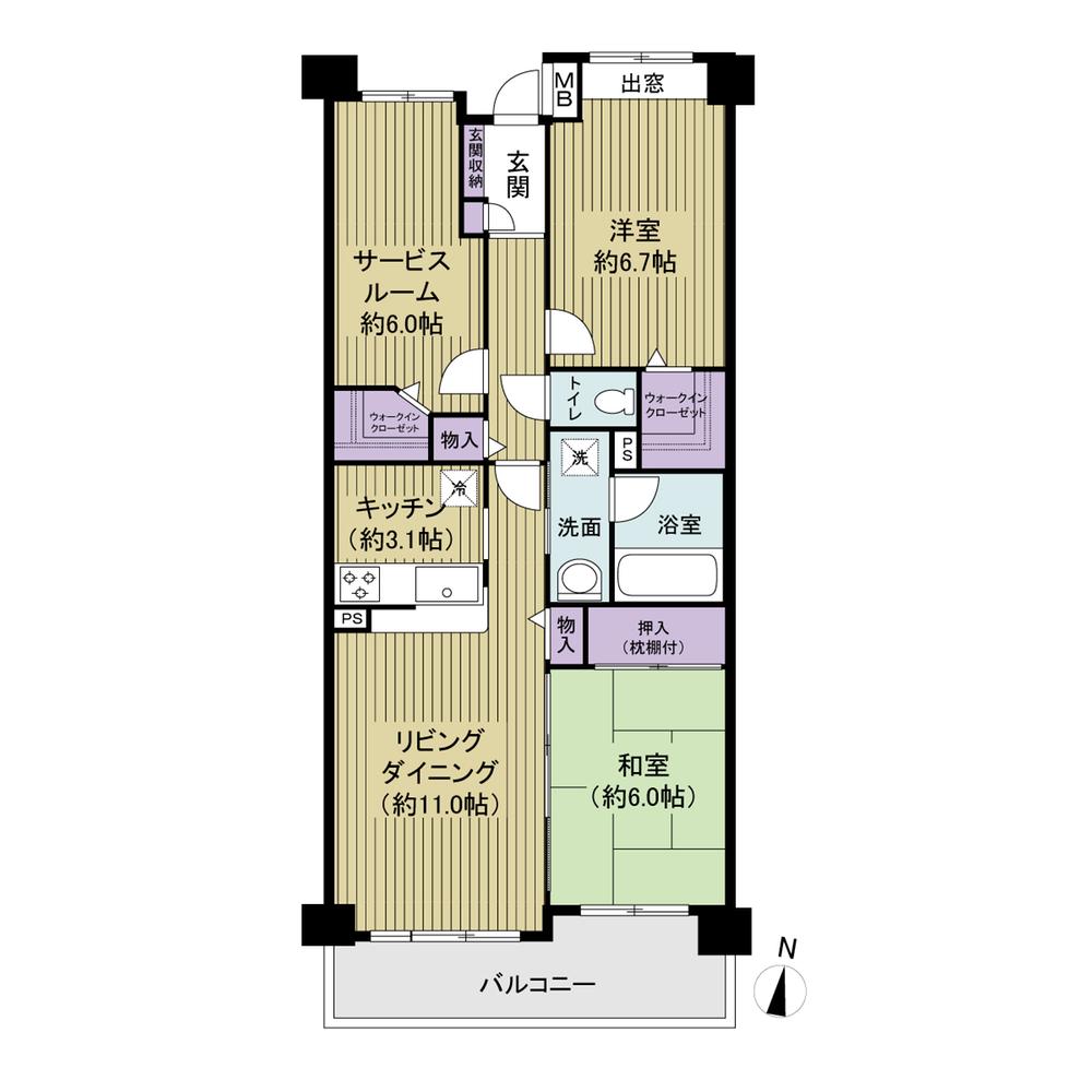 Floor plan. 2LDK + S (storeroom), Price 20.8 million yen, Occupied area 73.11 sq m , Balcony area 9.4 sq m 2LDK + service room (closet), Floor plan with a storage capacity of W walk-in