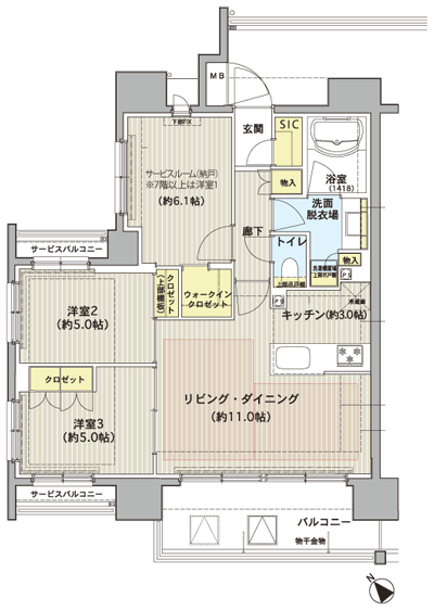 Floor: 2LDK + S + WIC + SIC (2 ~ 6th floor) / 3LDK+WIC+SIC(7 ~ 10 floor), the area occupied: 66.5 sq m