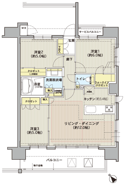 Floor: 3LDK + WIC, the occupied area: 68.64 sq m