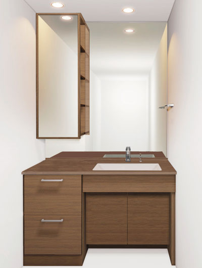 Bathing-wash room.  [Vanity (dresser II Neo)] Mirror became mirror cabinet and close with depth, Vanity that can be used side by side with two people, Easy to clean waste water outlet, such as, Voice of women, Is Haseko original vanity was product development from the point of view.