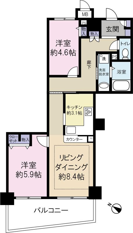 Floor plan. 2LDK, Price 19.9 million yen, Footprint 55.4 sq m , Balcony area 9.73 sq m