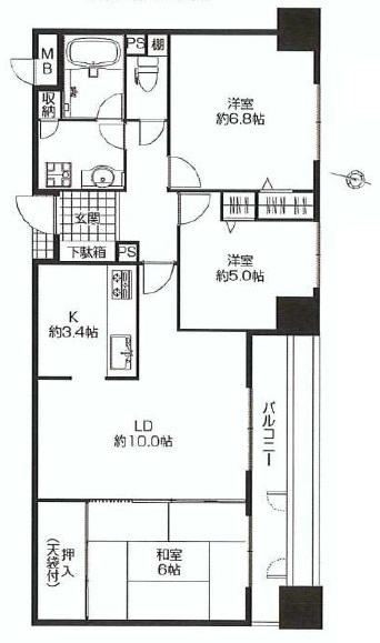Floor plan. 3LDK, Price 35,490,000 yen, Occupied area 68.36 sq m , Balcony area 9.27 sq m