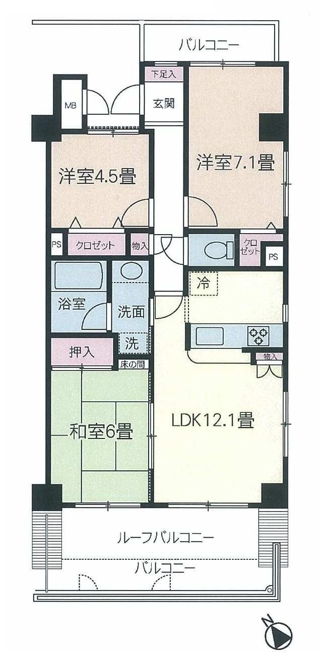Floor plan. 3LDK, Price 23.8 million yen, Occupied area 68.49 sq m , Balcony area 12.08 sq m   ◆ Is a positive per well in the southwest × southeast corner room.