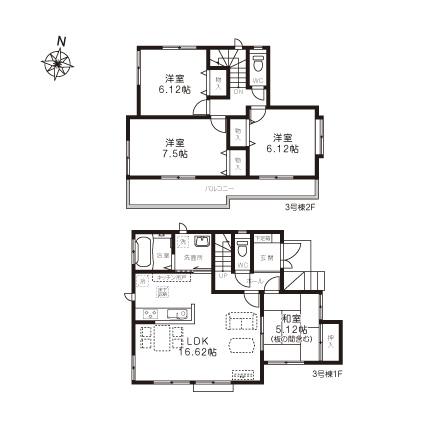 Floor plan. (3 Building), Price 34,800,000 yen, 4LDK, Land area 129.08 sq m , Building area 96.67 sq m