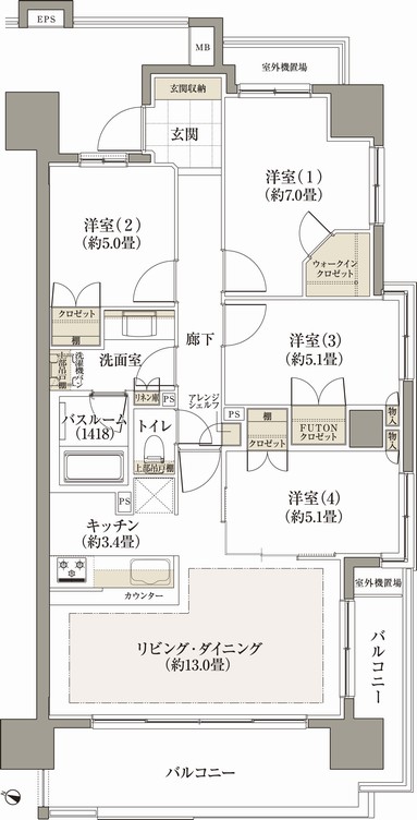 D type ・ 4LDK+WIC Occupied area / 86.45 sq m  Balcony area / 15.95 sq m   ※ WIC = walk-in closet