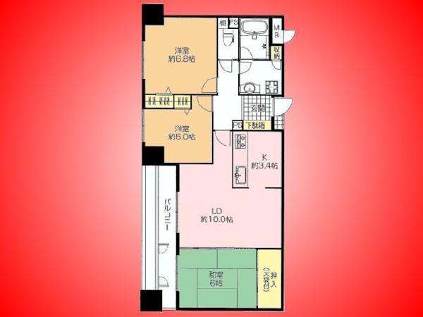 Floor plan. 3LDK, Price 34,990,000 yen, Occupied area 68.36 sq m , Balcony area 9.27 sq m