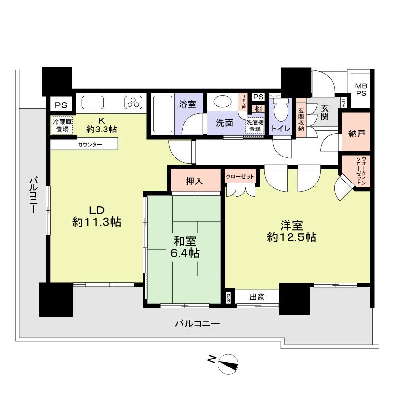 Floor plan. 2LDK, Price 63,800,000 yen, Occupied area 77.13 sq m , Balcony area 26.06 sq m