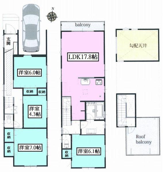 Floor plan. 29,800,000 yen, 4LDK, Land area 86.19 sq m , Atrium space using the building area 110.55 sq m 2 floor living gradient ceiling is wonderful. Also, Everywhere in the service storage, We have placed a niche. 