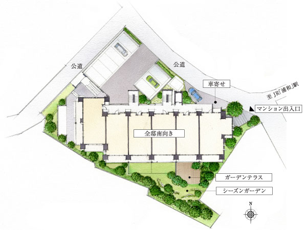 Shared facilities.  [Zenteiminami direction. Sunlight and familiarity, Mansion that is wrapped in green] One step recessed planning area from the main street is, Site shape the two-way facing the road. Juto is layout so that the whole mansion is south-facing, Consideration so that you can enjoy the sunshine and ventilation. To secure a space with depth is on the south side of the site is an opening surface, Planning a rich planting. In the city relax overlooking the green of moisture, It fosters a life of luxury scene. (Site conceptual diagram)